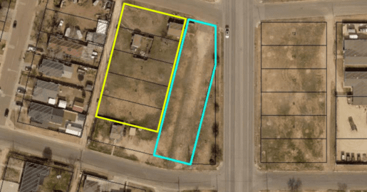 Right-of-way (blue). Church-owned property (yellow).